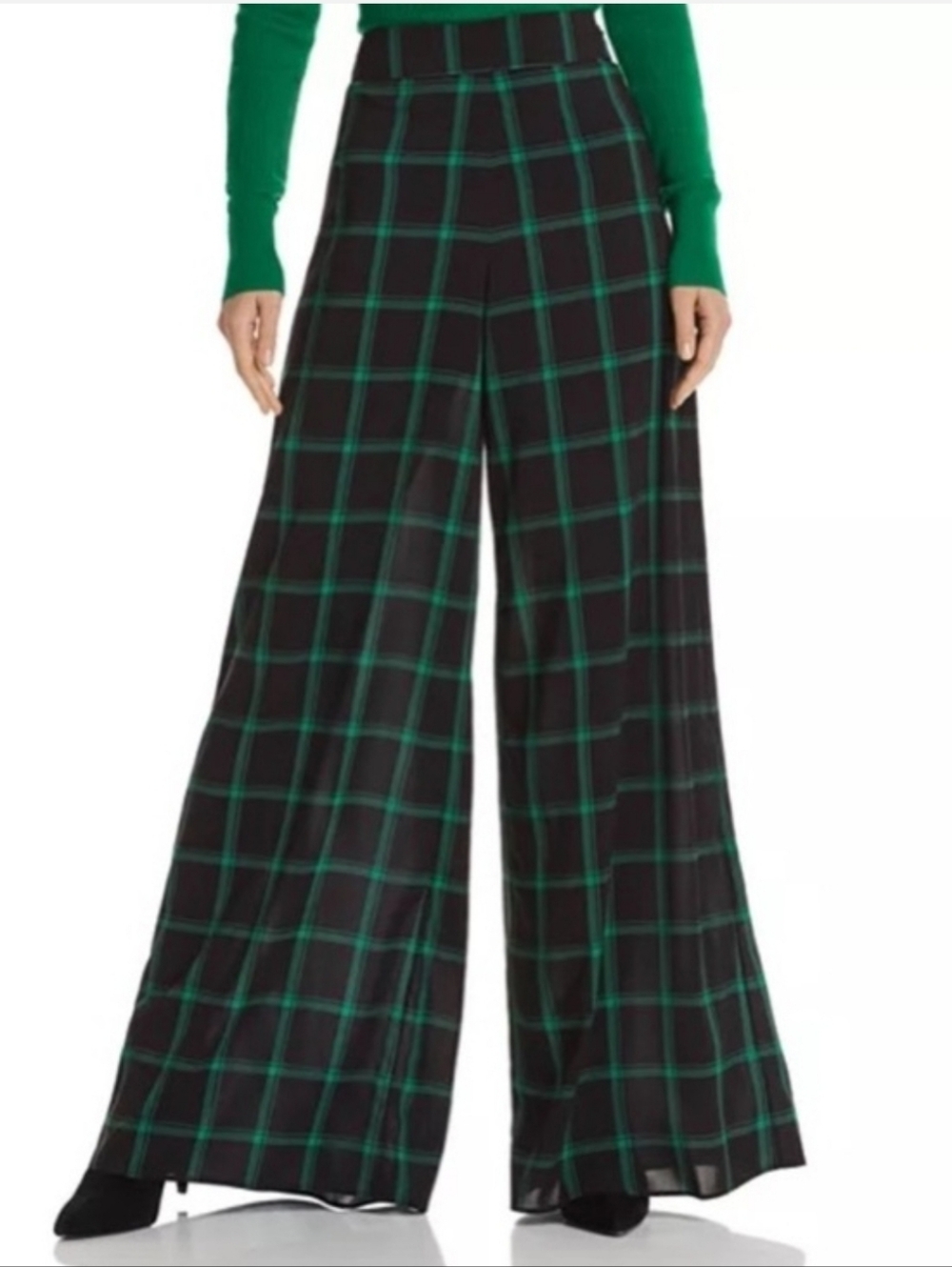Alice + Olivia Athena Black Wide-Leg Plaid Pants with Emerald Grid Size 6